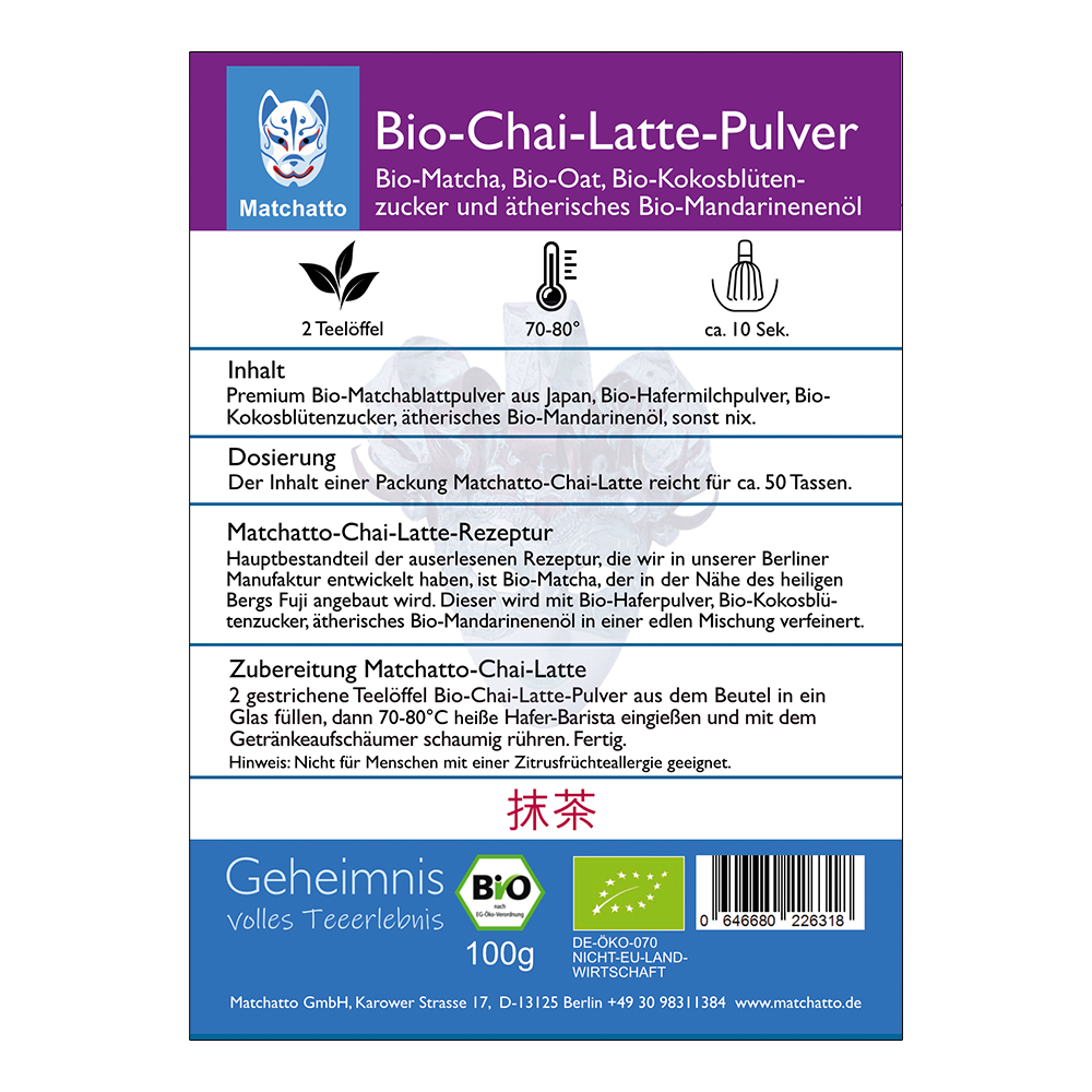 Bio Chai Latte Matcha Haferdrink mit Mandarine Etikett