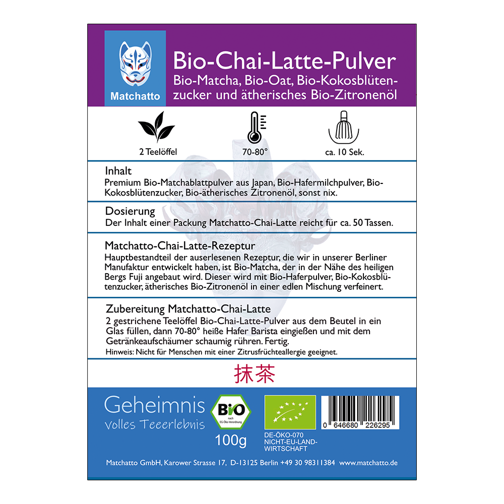 Bio Chai Latte Matcha und Hafer mit Zitrone