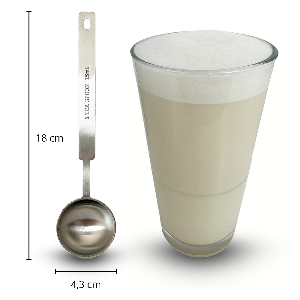 Edelstahl Messlöffel stehend mit Glas