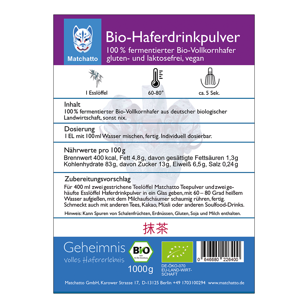 Bio-Vollkorn-Haferdrinkpulver 1000g Etikett