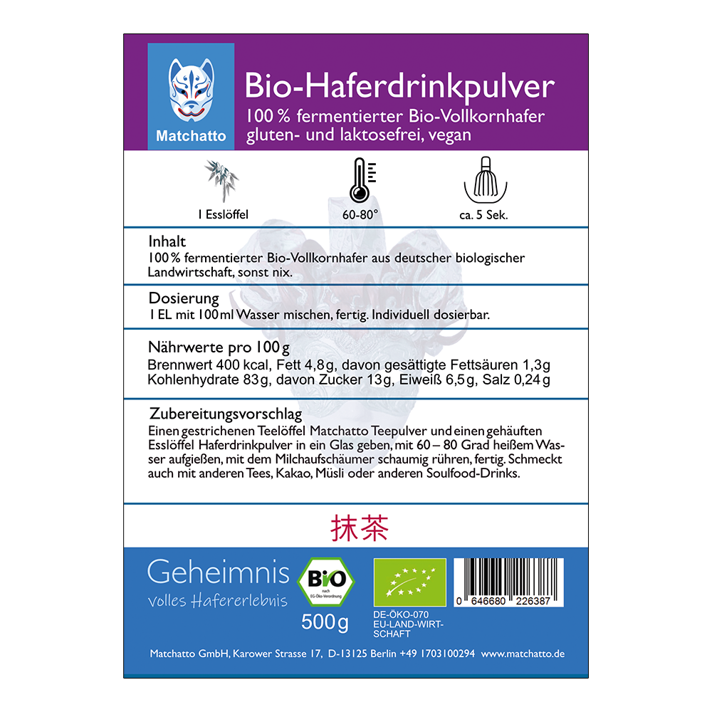 Bio-Vollkorn-Haferdrinkpulver 500g Etikett