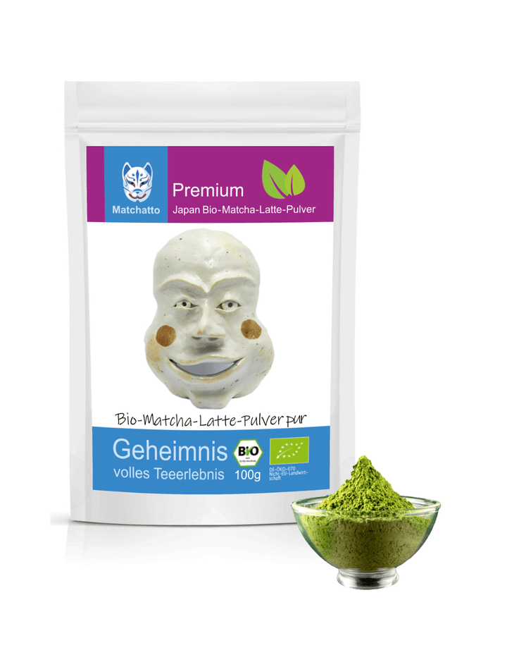 Matcha Latte Pulver Beutel Vorderansicht mit Schale