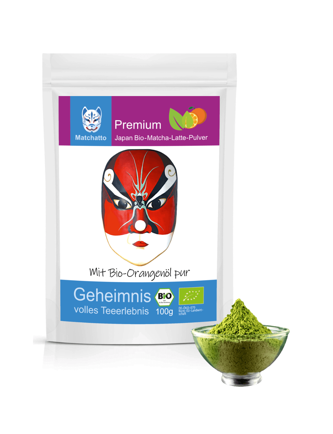Bio Matcha Latte Pulver Orange im Beutel und Schale