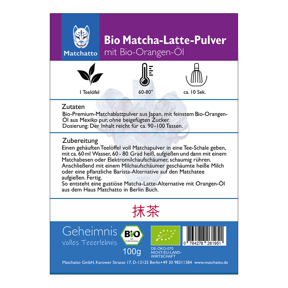 Bio Matcha Latte Pulver Orange Etikett