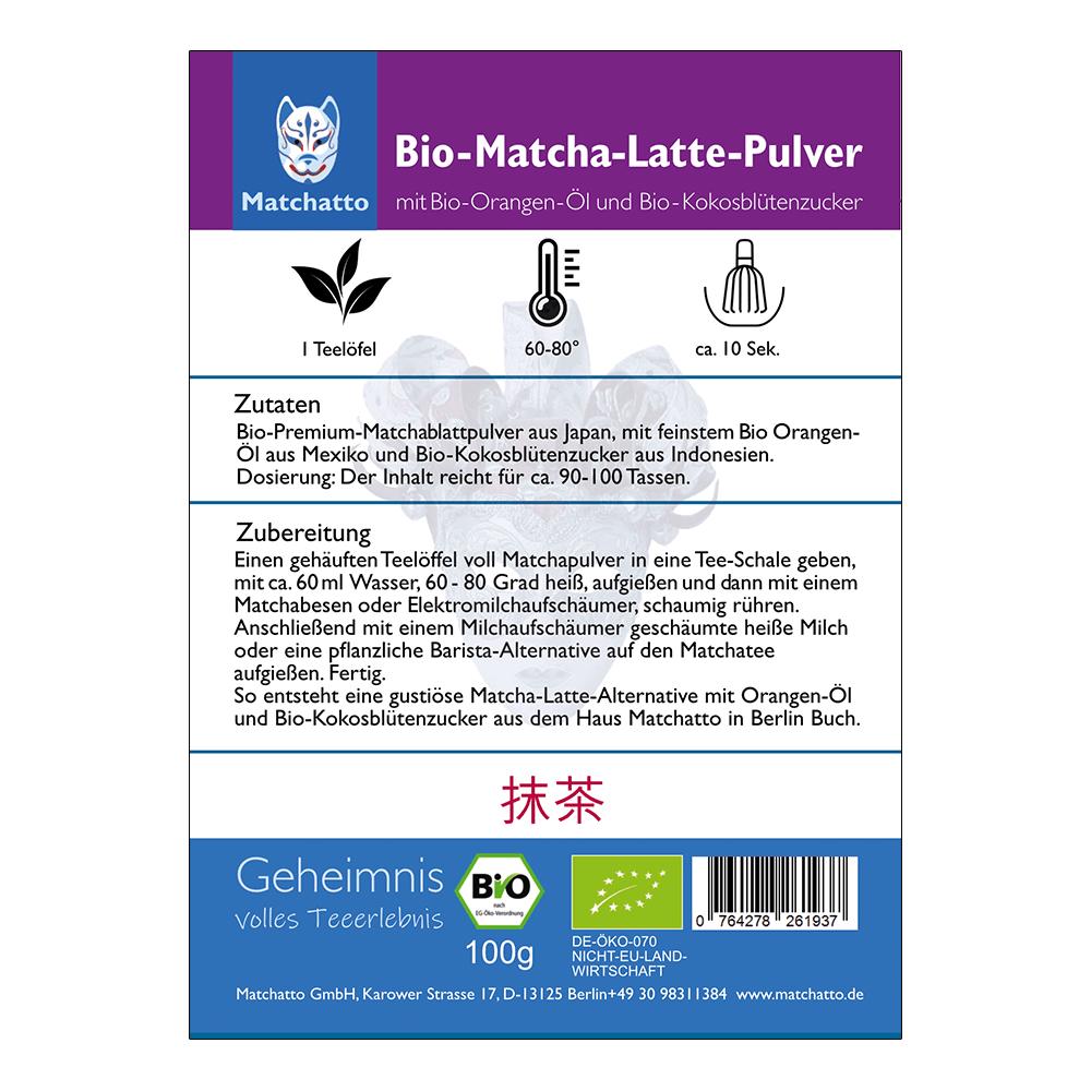 Bio Matcha Latte Pulver Orange mit Kokoszucker Etikett