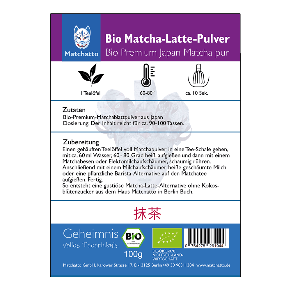 Bio Matcha Latte Pulver Pur Etikett