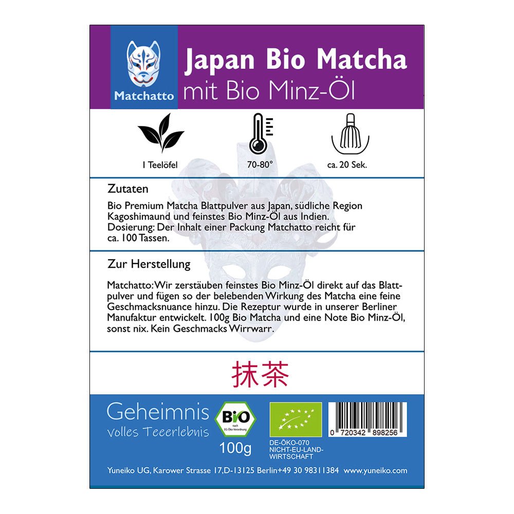 Rückseite einer Matchatto-Packung für Japan Bio Matcha mit Bio Minz-Öl  – mit Zubereitungsanleitung, Zutatenliste und Bio-Siegel.