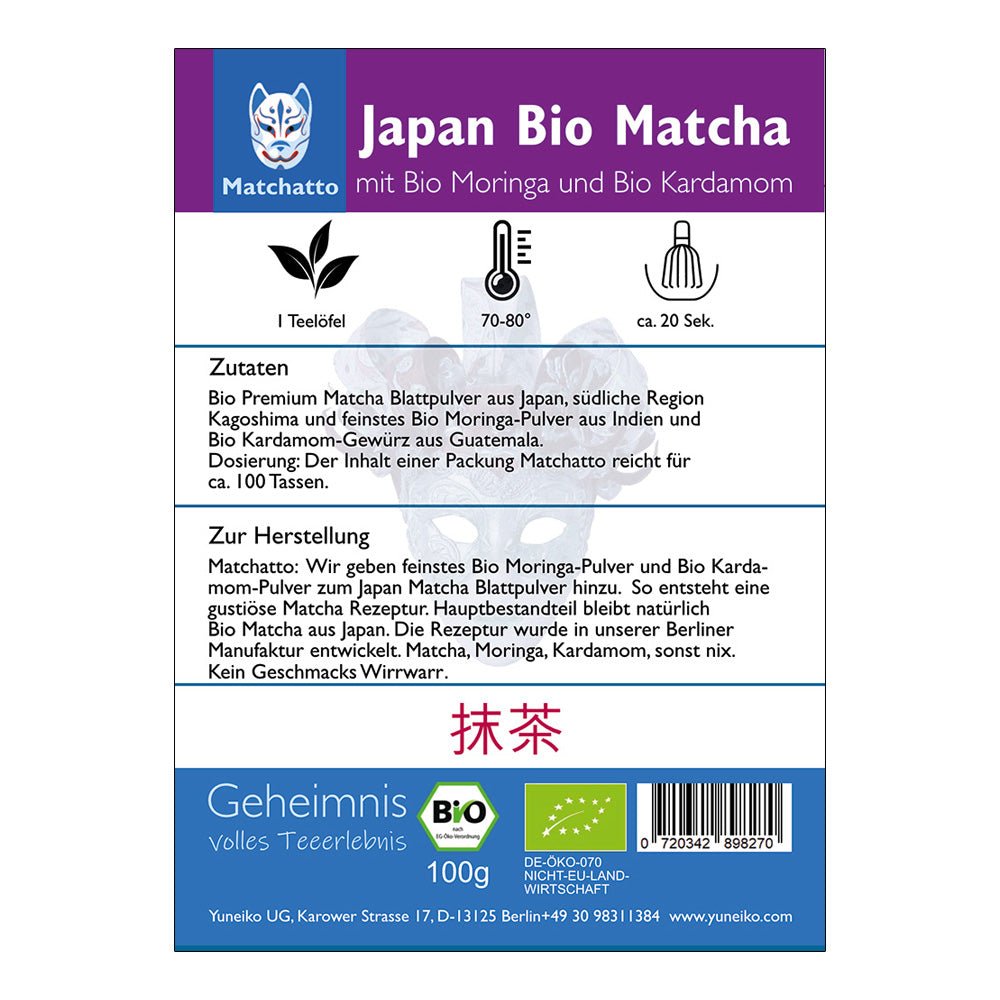Rückseite einer Matchatto-Packung für Japan Bio Matcha mit Moringa und Bio Kardamom  – mit Zubereitungsanleitung, Zutatenliste und Bio-Siegel.