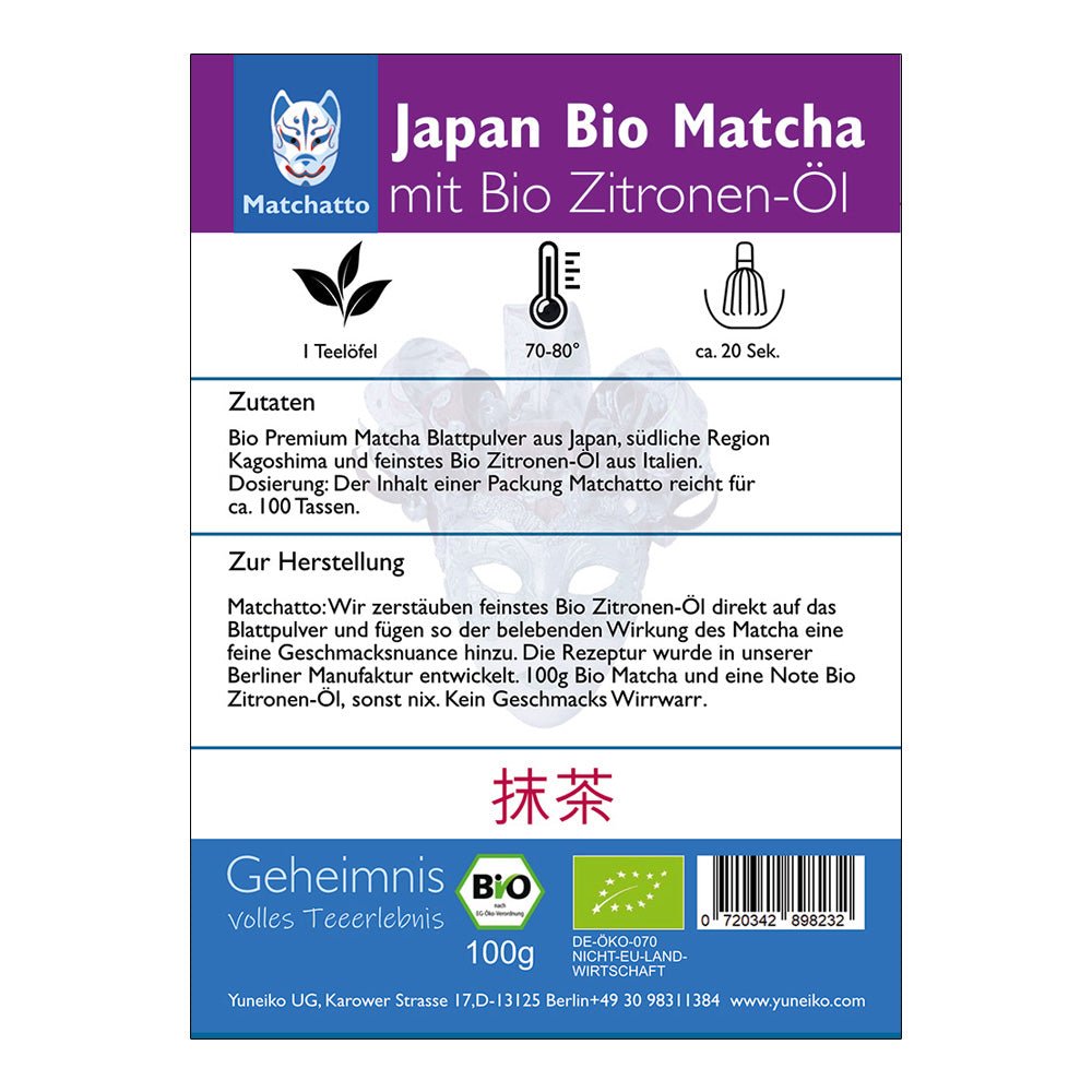 Rückseite einer Matchatto-Verpackung: Japan Bio Matcha mit Bio-Zitronenöl – Zutaten, Zubereitungsempfehlung und Infos zur Herstellung in Berliner Bio-Manufaktur.
