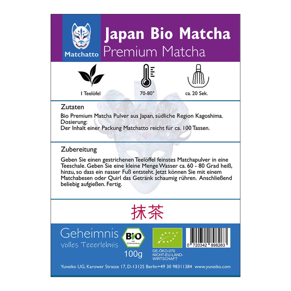 Rückseite einer Matchatto-Packung für Bio Matcha aus Japan – mit Zubereitungsanleitung, Zutatenliste und Bio-Siegel.