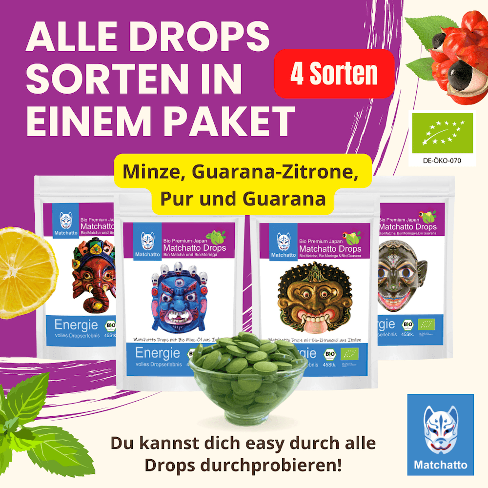 Matchatto Drops Probierpaket mit 4 Sorten: Minze, Guarana-Zitrone, Pur und Guarana. Bio Matcha Presslinge im Bundle, mit Zitronen-, Minz- und Guarana-Grafiken, Matcha-Schale und Bio-Siegel.