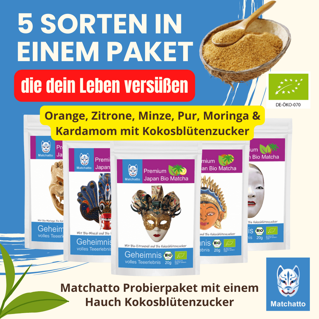 Matchatto Probierpaket mit 5 Sorten Japan Bio Matcha, verfeinert mit Kokosblütenzucker – Orange, Zitrone, Minze, Pur, Moringa & Kardamom. Darstellung mit Bio-Siegel und Maskenetiketten.