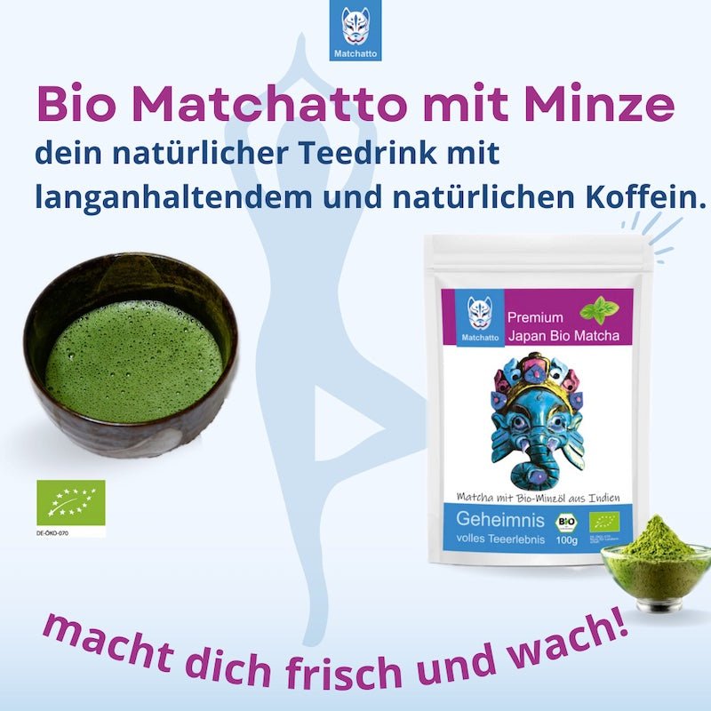 Werbegrafik für Matchatto Bio Matcha Tee mit Minzöl, zeigt 100g-Beutel mit blauer Elefantenmaske, Matchaschale, Pulver, Bio-Siegel und dem Slogan „macht dich frisch und wach“.