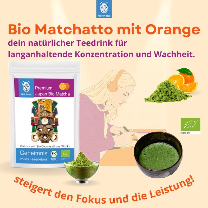 Matchatto Bio-Matcha mit Orangenöl – Teebeutel, Matcha-Pulver und Schale mit grünem Tee vor Illustration einer konzentrierten Person beim Lernen.