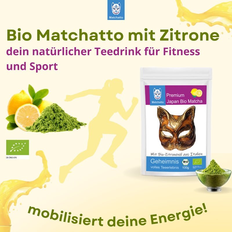 Werbeanzeige für Matchatto Bio-Matcha mit Zitronenöl – Teeverpackung, Zitrone, Matcha-Pulver und sportliche Silhouette auf hellem Hintergrund, mit dem Slogan ‚mobilisiert deine Energie‘.