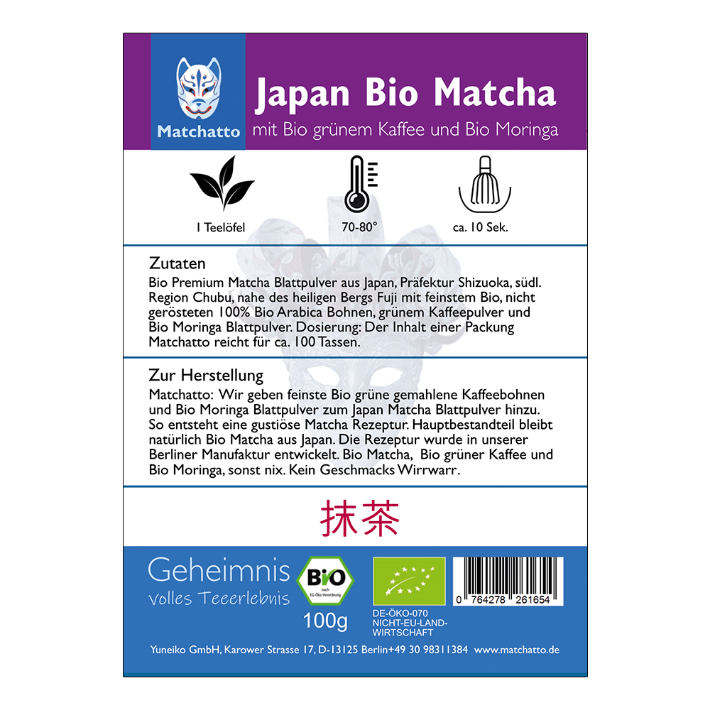 Rückseite einer Matchatto-Packung für Japan Bio Matcha mit Bio grünem Kaffee und Bio Moringa  – mit Zubereitungsanleitung, Zutatenliste und Bio-Siegel.