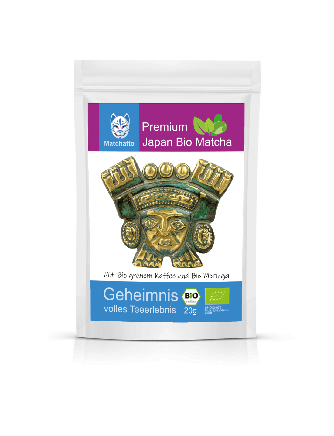 Matchatto Geheimnis Bio Matcha mit grünem Kaffee und Moringa – 20 g Packung mit grün-goldener Maske als Etikettendesign.