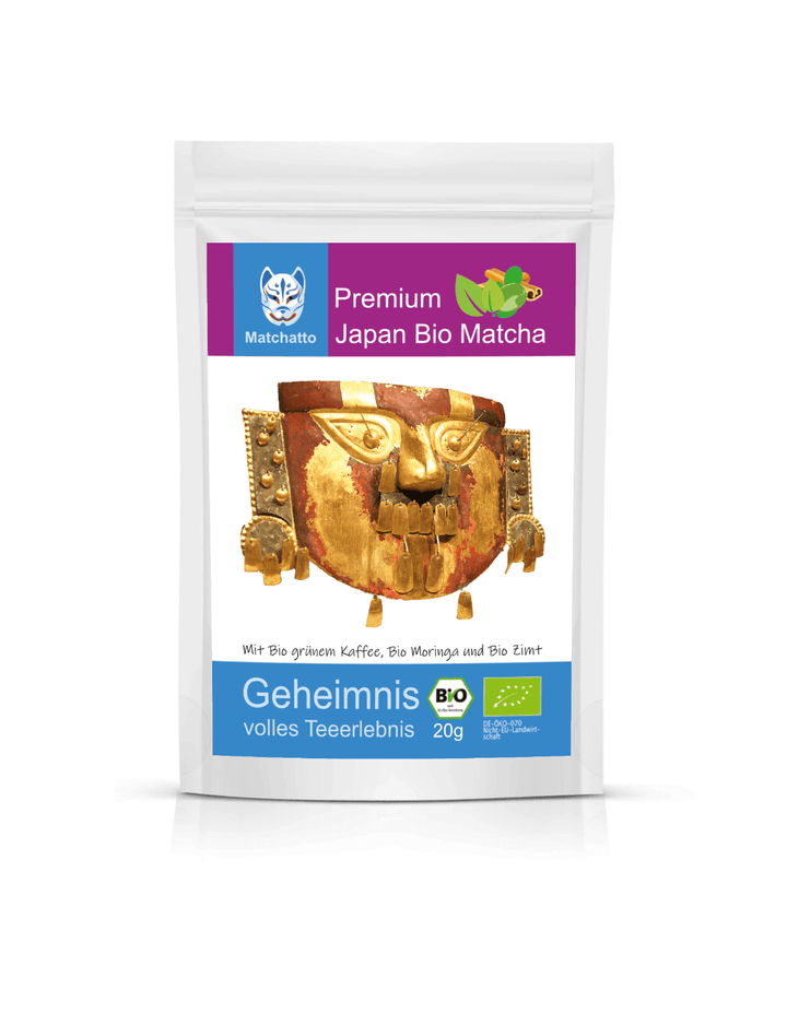 Matchatto Tee mit grünem Kaffee, Bio Moringa und Bio Zimt – 20 g Premium Japan Bio Matcha mit goldroter Maske und Bio-Siegel.