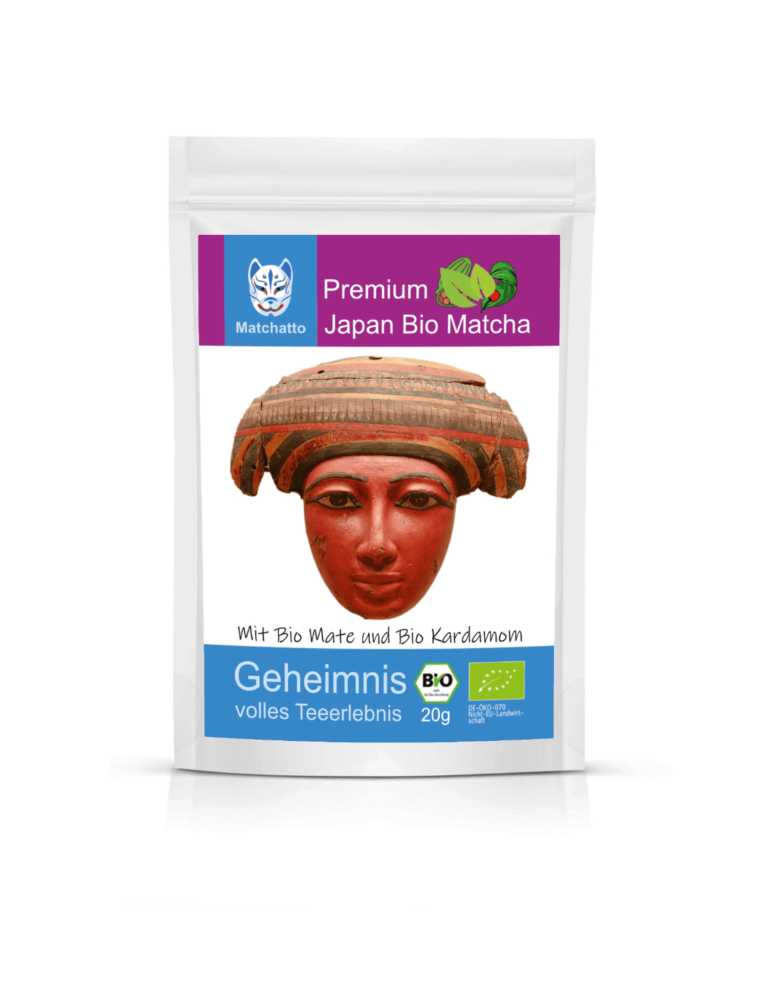Matchatto Bio Matcha Tee mit Mate und Kardamom im 20g-Beutel, gestaltet mit roter ägyptischer Maske, Japanischer Premium-Matcha mit Bio-Zertifizierung.