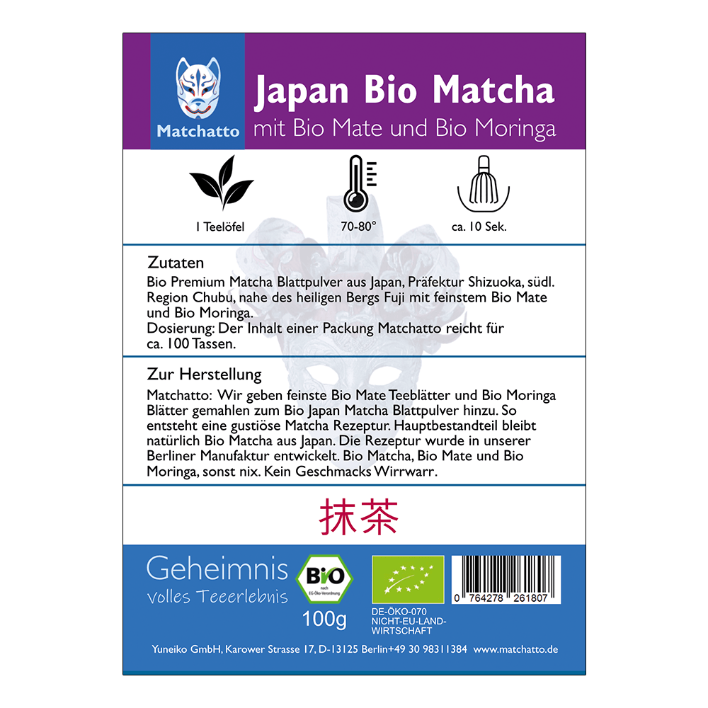 Rückseite einer Matchatto-Packung für Japan Bio Matcha mit Bio Mate und Bio Moringa  – mit Zubereitungsanleitung, Zutatenliste und Bio-Siegel.