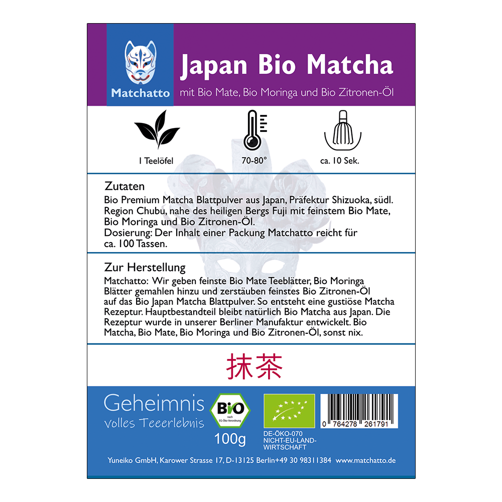 Rückseite einer Matchatto-Packung für Japan Bio Matcha mit Bio Mate, Bio Moringa und Bio Zitronen-Öl – mit Zubereitungsanleitung, Zutatenliste und Bio-Siegel.