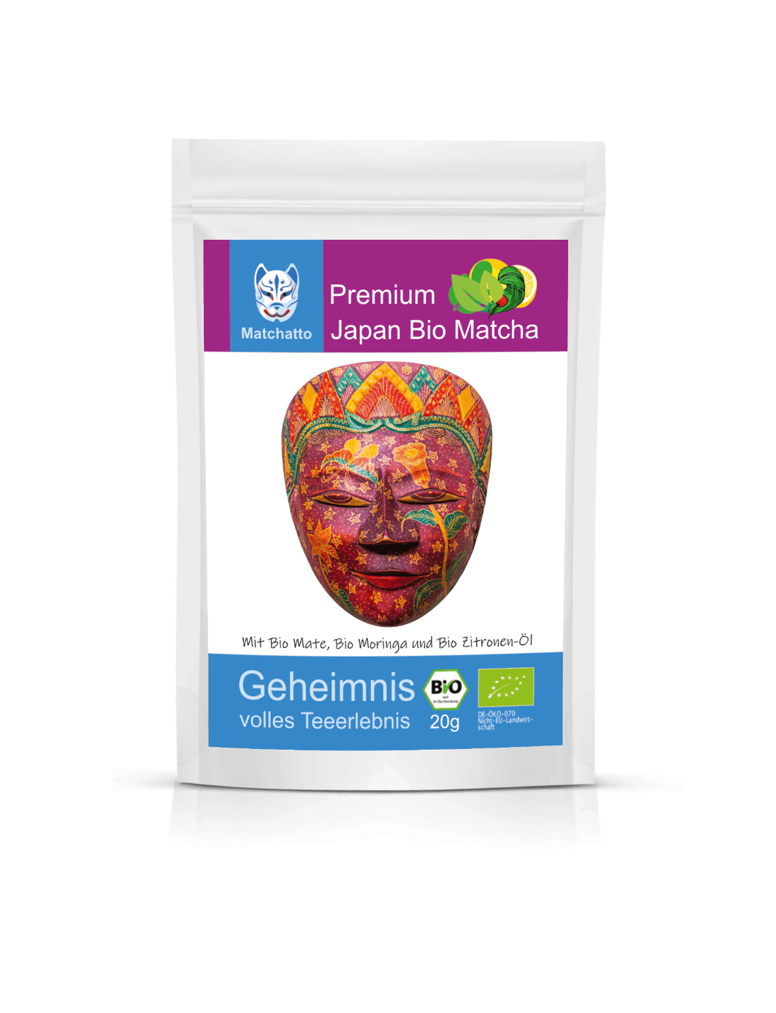 Matchatto Bio Matcha Tee mit Mate, Moringa und Zitronenöl im 20g-Beutel, geschmückt mit farbenfroher Maske, Premium Japan Matcha mit Bio-Zertifikat.