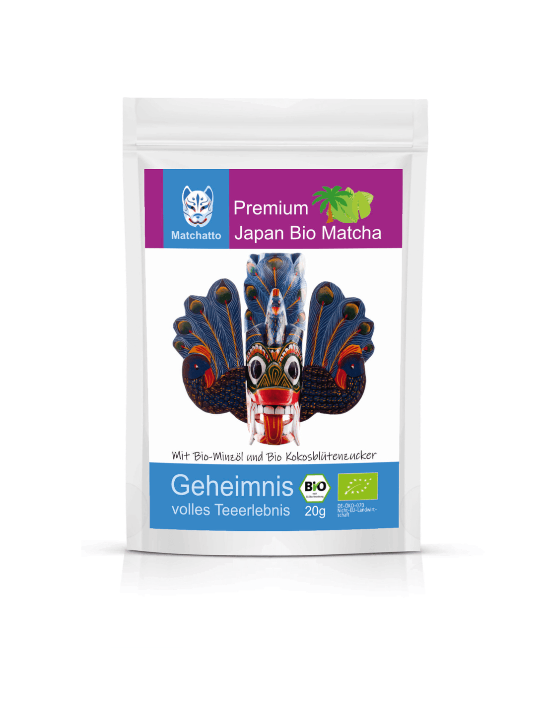 Matchatto Bio Matcha Tee mit Minzöl und Kokosblütenzucker im 20g-Beutel, geschmückt mit bunter Pfauenmaske, Premium Japan Matcha mit Bio-Zertifizierung.