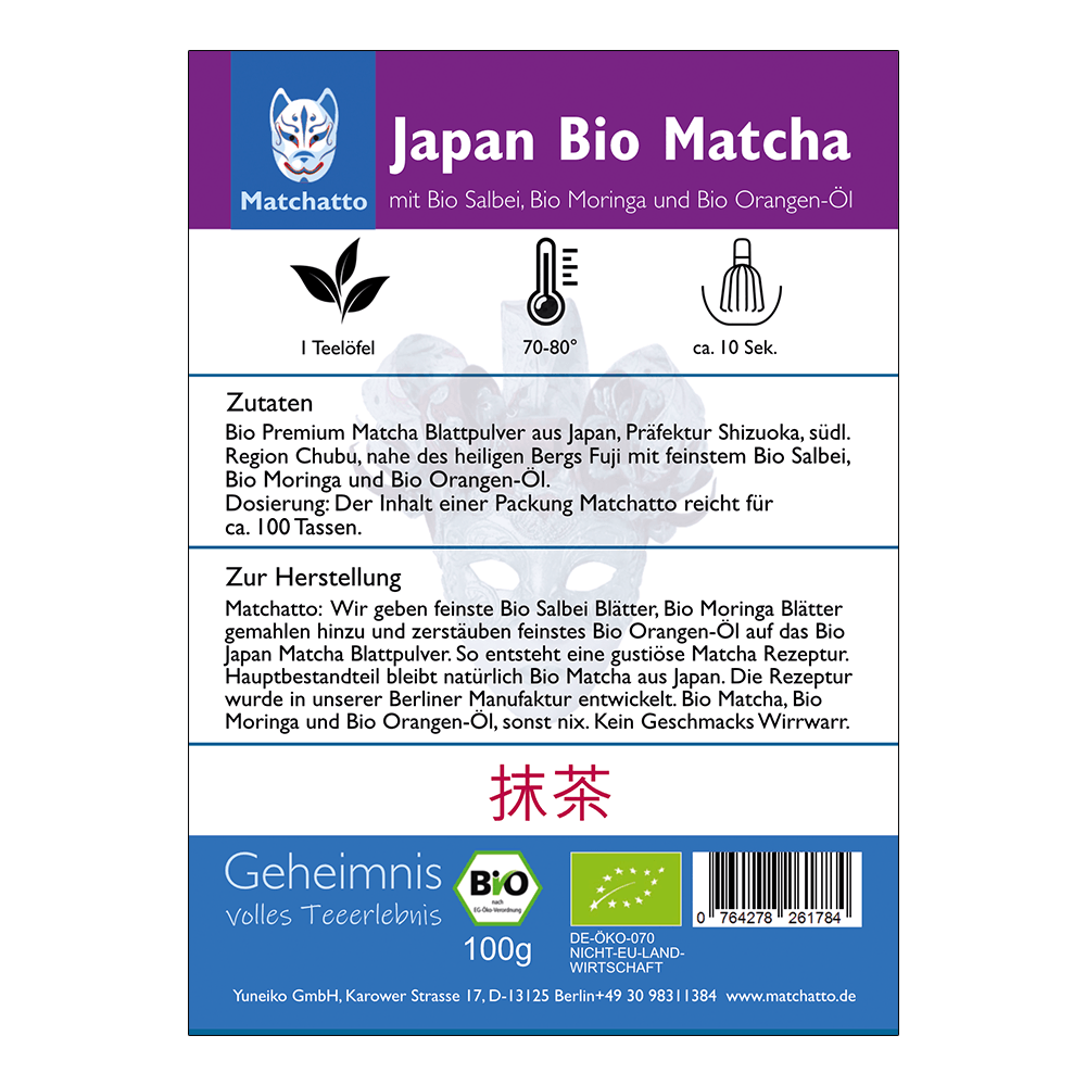 Rückseite einer Matchatto-Packung für Japan Bio Matcha mit Bio Salbei, Bio Moringa und Bio Orangen-Öl  – mit Zubereitungsanleitung, Zutatenliste und Bio-Siegel.