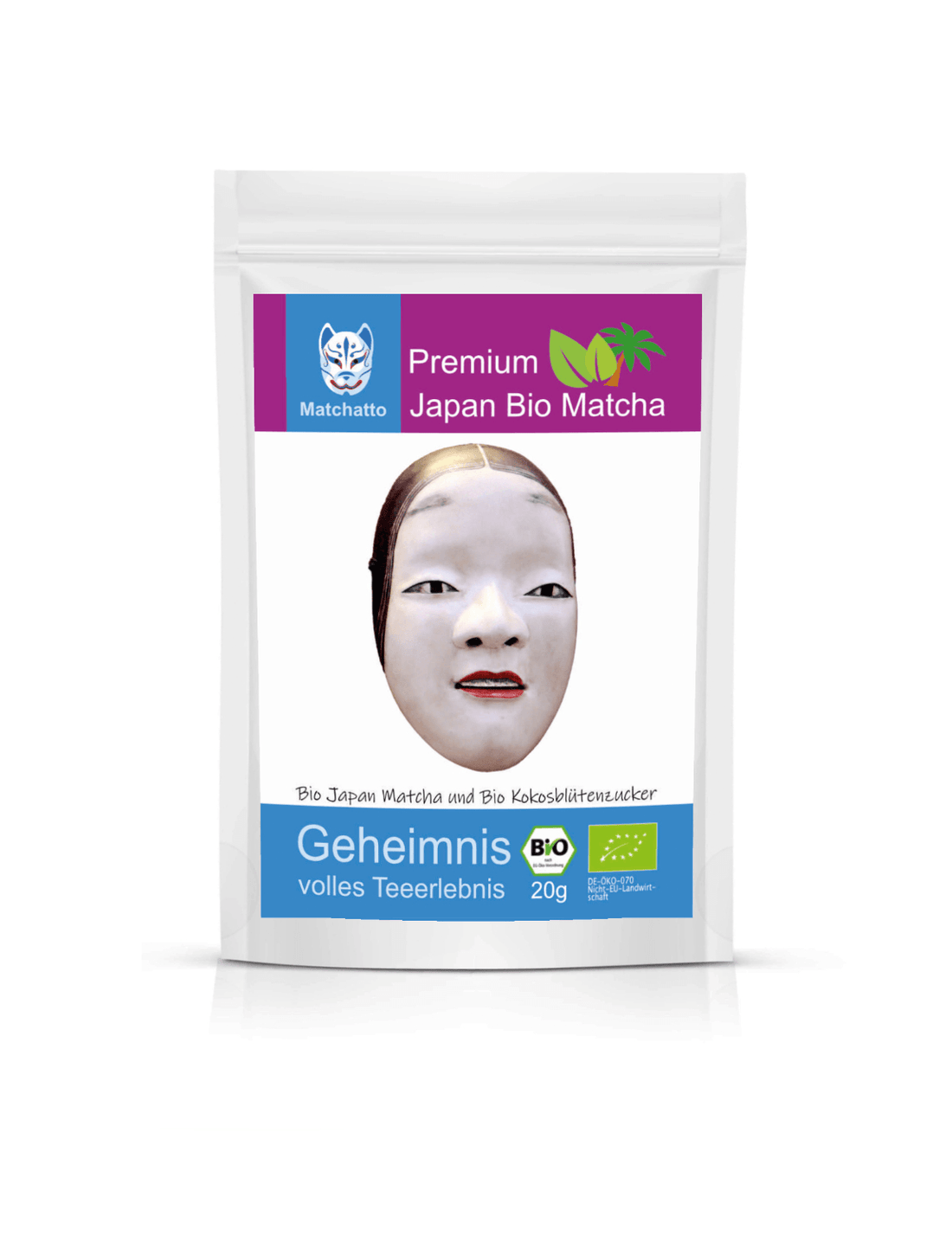 Matchatto Bio Matcha Tee Pur mit Kokosblütenzucker, 20g-Beutel mit traditioneller japanischer Maske, Bio-zertifiziert, vollmundiges Tee-Erlebnis aus Japan.