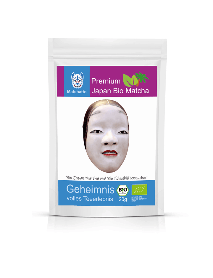 Matchatto Bio Matcha Tee Pur mit Kokosblütenzucker, 20g-Beutel mit traditioneller japanischer Maske, Bio-zertifiziert, vollmundiges Tee-Erlebnis aus Japan.