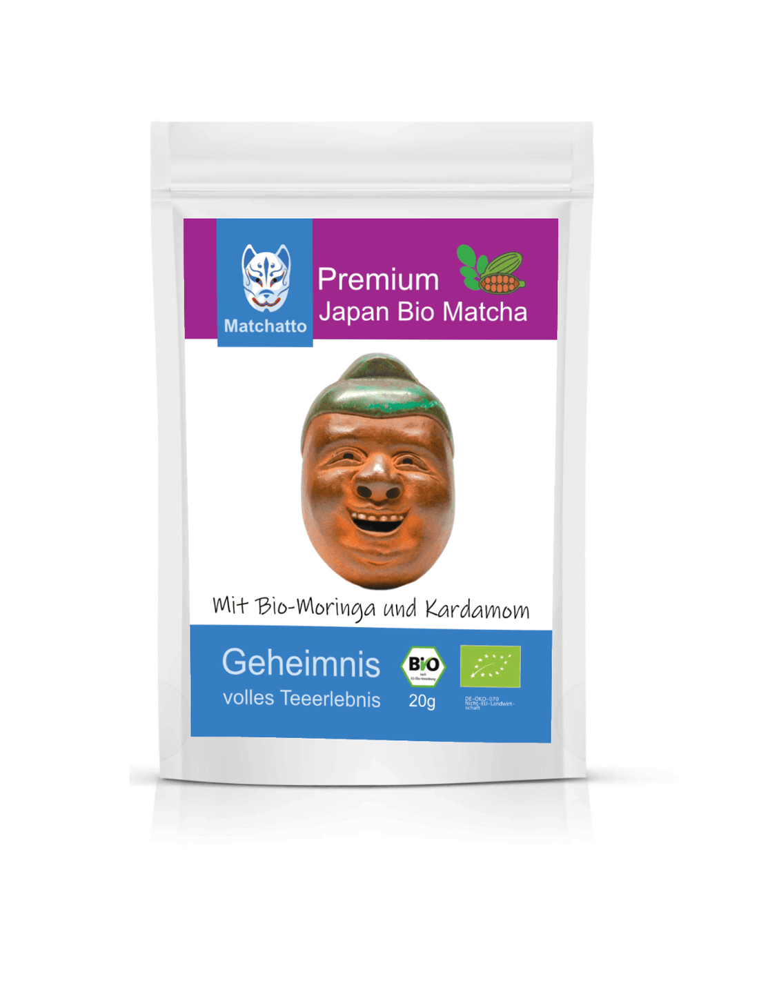Matchatto Bio Matcha Tee mit Moringa und Kardamom im 20g-Beutel, verziert mit lachender Tonmaske, Premium Japan Matcha mit Bio-Zertifizierung für natürliche Energie.
