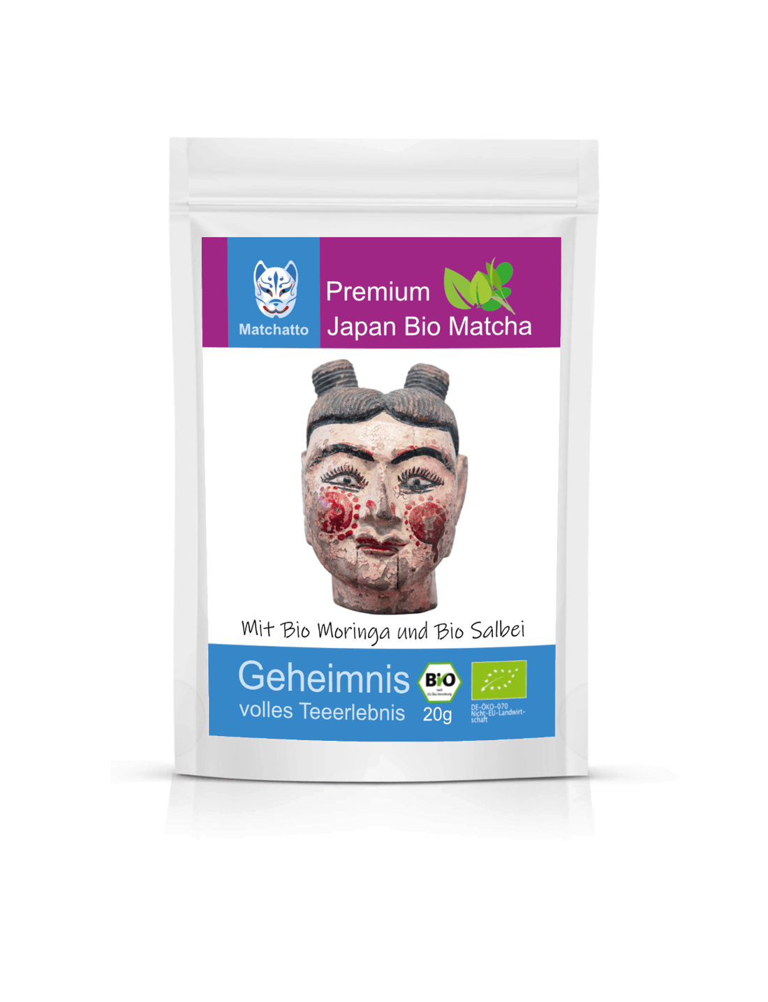 Matchatto Bio Matcha Tee mit Moringa und Salbei im 20g-Beutel, verziert mit traditioneller roter Gesichtsmaske, Bio-zertifiziertes Premiumprodukt aus Japan.