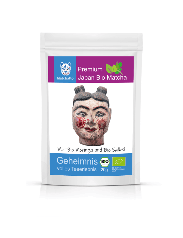 Matchatto Bio Matcha Tee mit Moringa und Salbei im 20g-Beutel, verziert mit traditioneller roter Gesichtsmaske, Bio-zertifiziertes Premiumprodukt aus Japan.