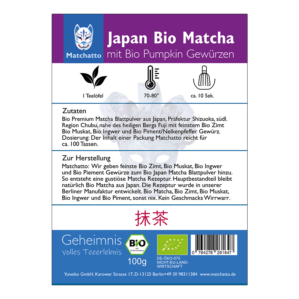 Rückseite einer Matchatto-Packung für Japan Bio Matcha mit Bio Pumpkin Gewürzen  – mit Zubereitungsanleitung, Zutatenliste und Bio-Siegel.