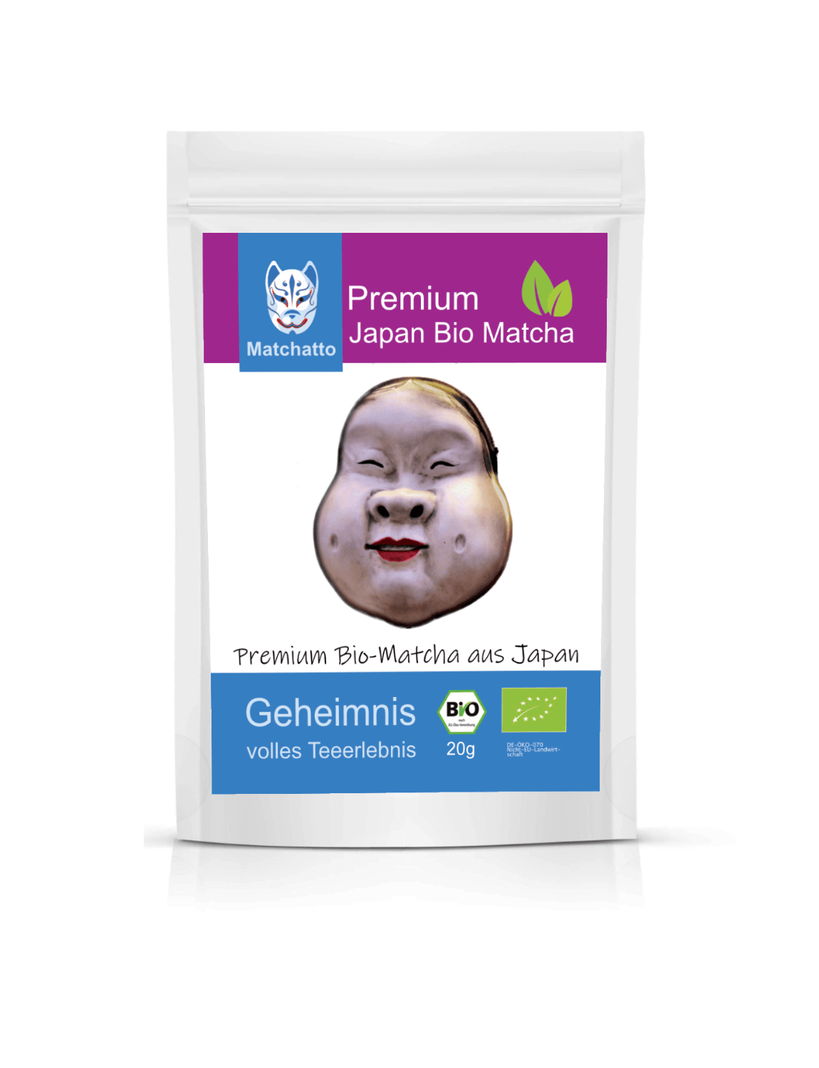 Matchatto Premium Bio Matcha Tee Pur aus Japan im 20g-Beutel mit traditioneller runder Maske, Bio-zertifiziertes Teeerlebnis ohne Zusätze.