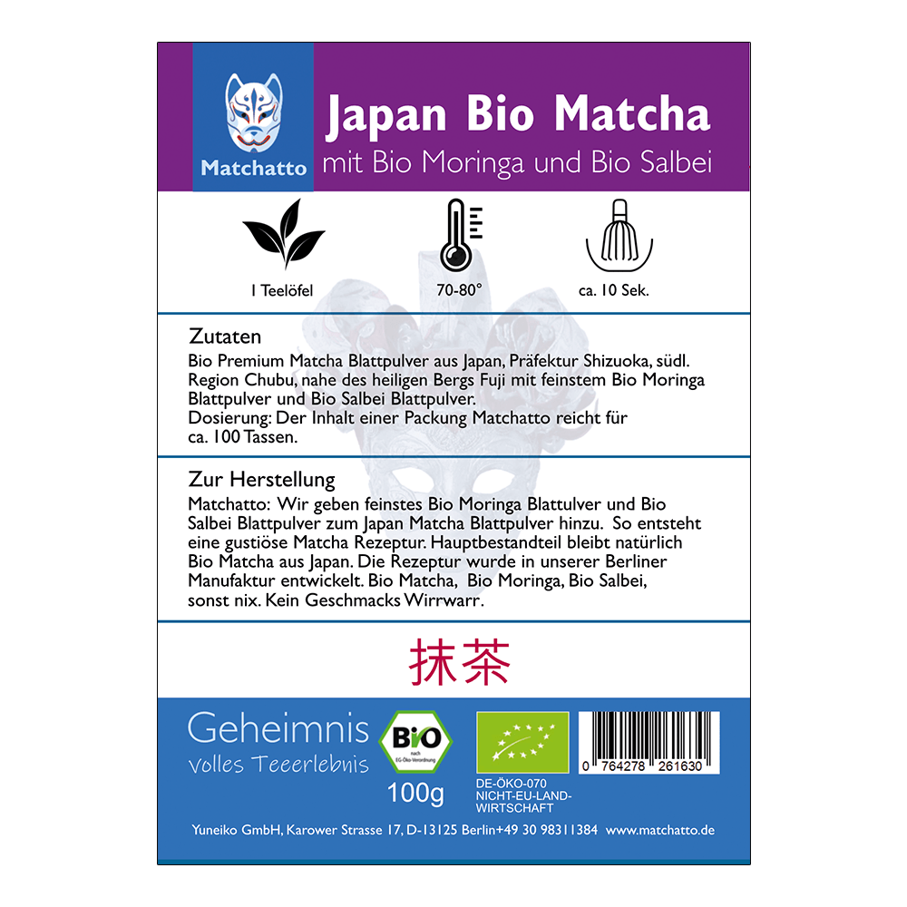 Rückseite einer Matchatto-Packung für Japan Bio Matcha mit Bio Moringa und Bio Salbei  – mit Zubereitungsanleitung, Zutatenliste und Bio-Siegel.