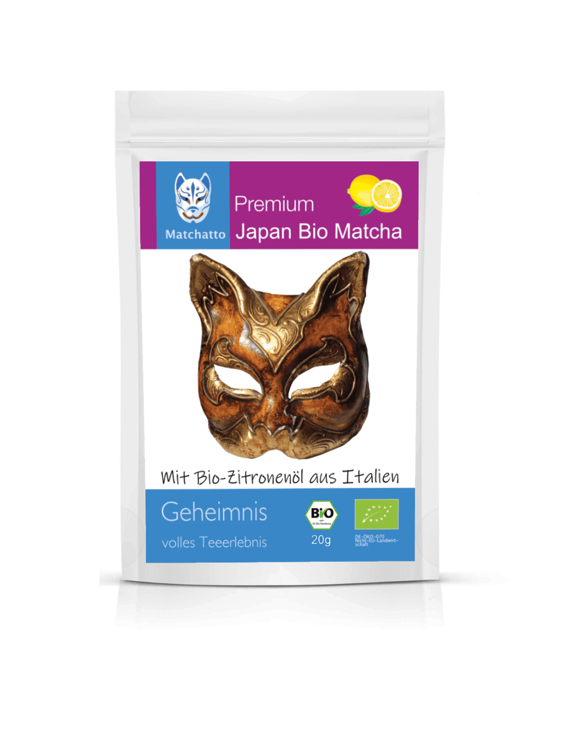 Matchatto Bio Matcha Tee mit Zitronenöl aus Italien, 20g-Beutel mit bronzefarbener Katzenmaske, Produktname „Geheimnis volles Teeerlebnis“ und Bio-Siegel auf weißem Hintergrund.