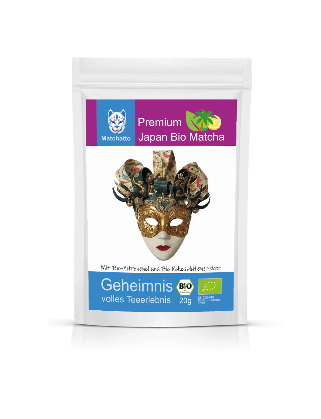 Matchatto Bio Matcha Tee mit Zitronenöl und Kokosblütenzucker, 20g-Beutel mit goldener venezianischer Maske auf weißem Hintergrund, Bio-Siegel und Produktbezeichnung "Geheimnis volles Teeerlebnis".