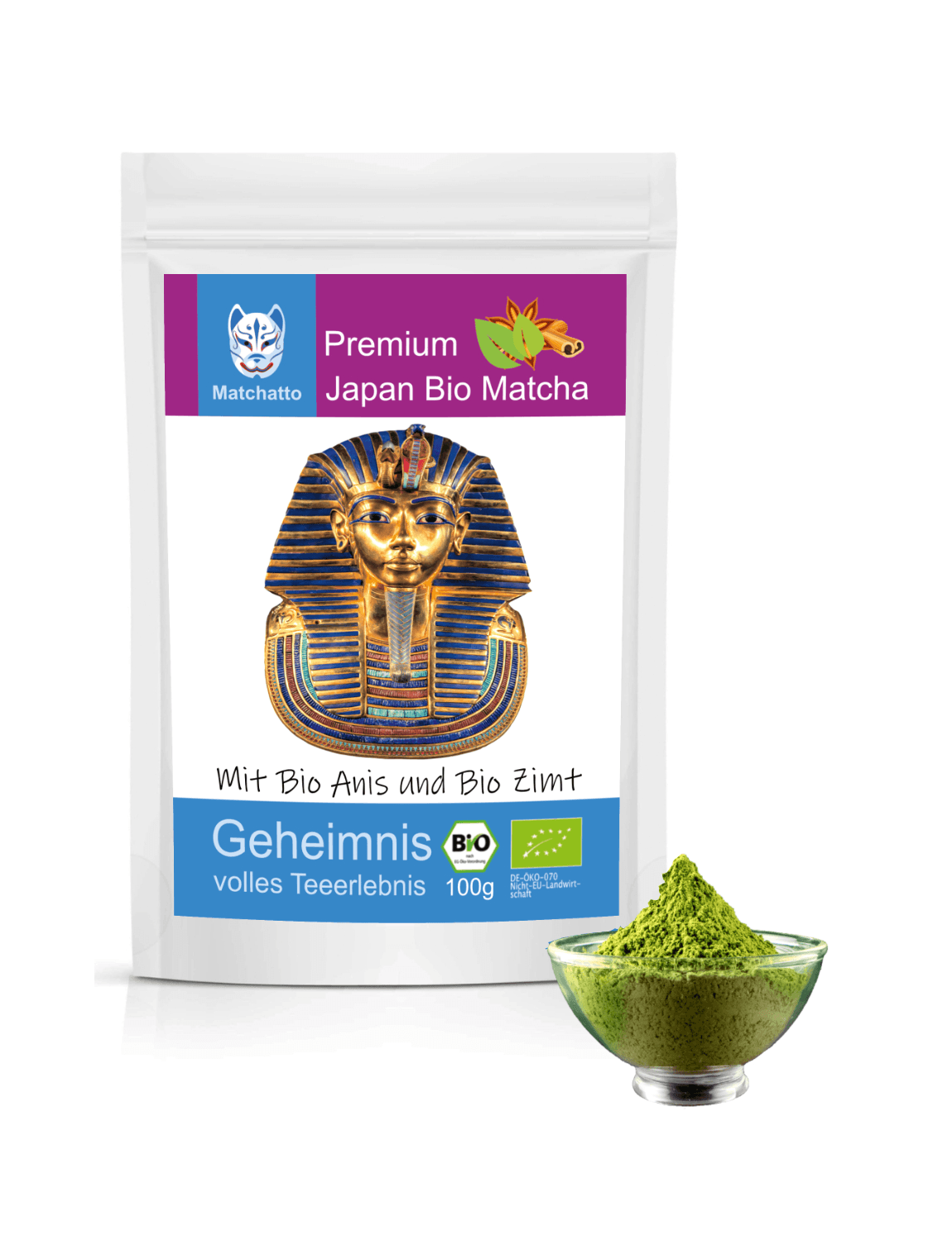 Matchatto Bio Matcha mit Anis und Zimt – 100 g Teepulver in weißem Beutel mit Pharao-Maske und grünem Matcha in Glasschale.