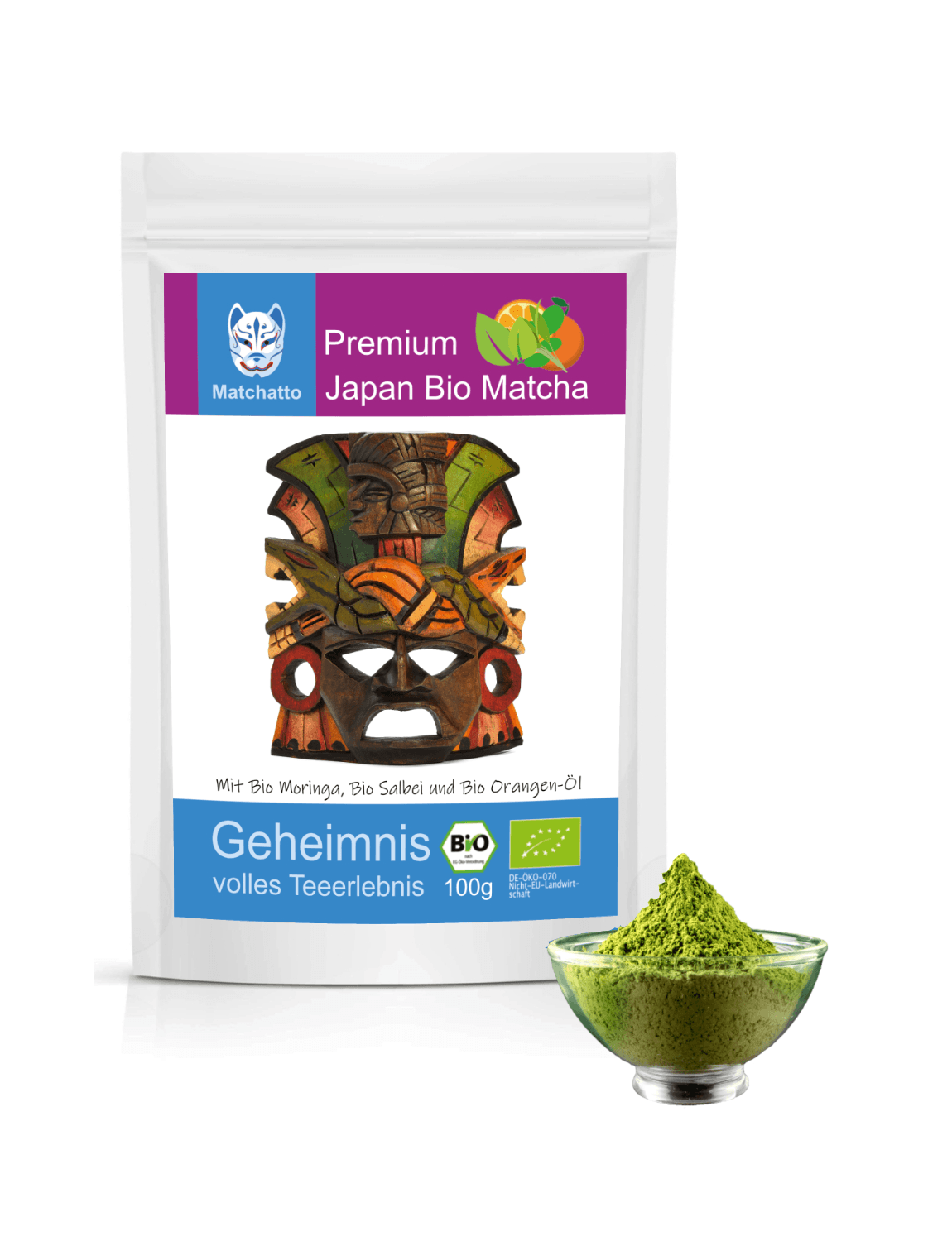 Matchatto Bio Matcha Tee mit Moringa, Salbei und Orangenöl im 100g-Beutel, verziert mit farbiger Naturmaske, daneben Glas mit grünem Matcha-Pulver, Bio-zertifiziert.