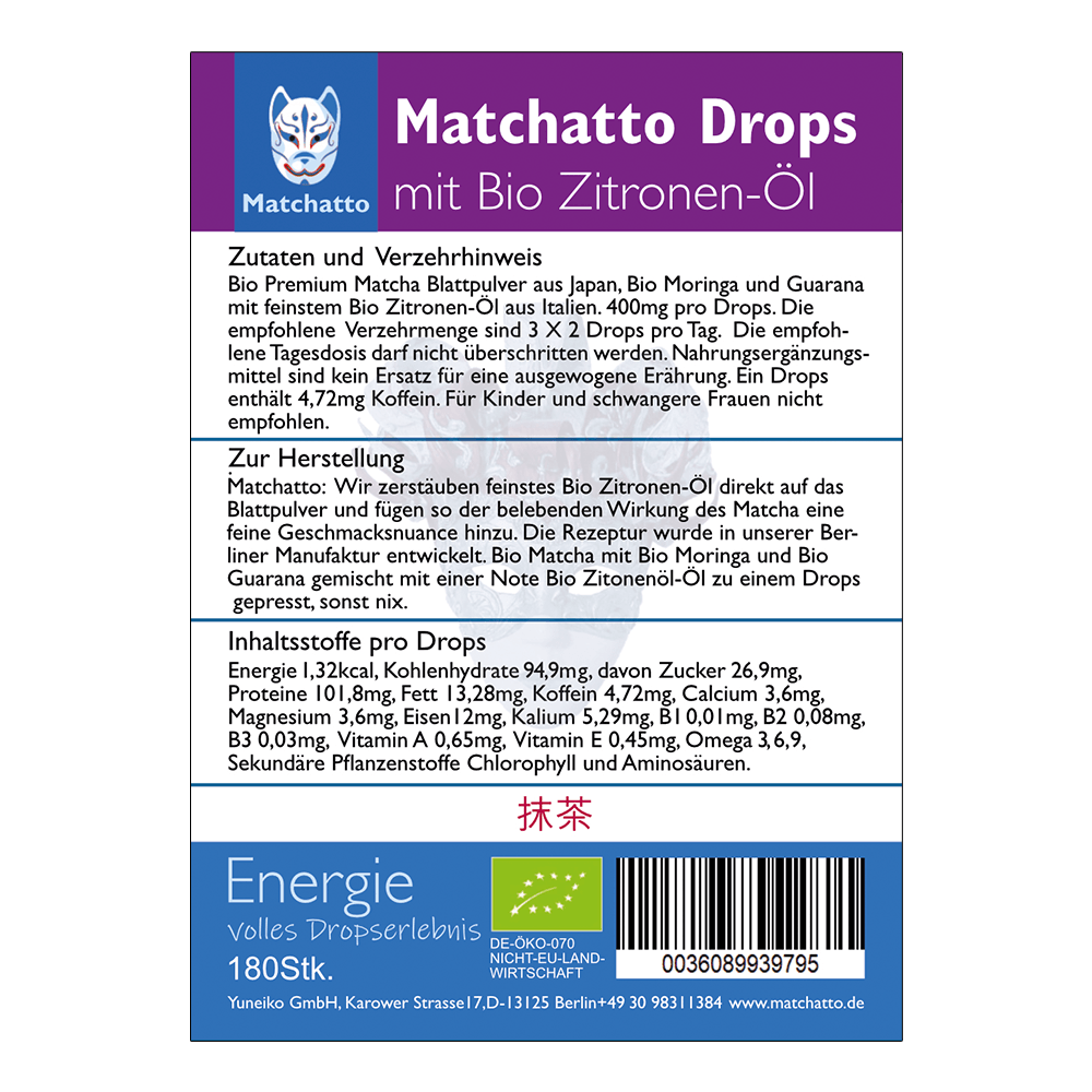 Etikett der Matchatto Bio Matcha Drops mit Guarana und Zitronenöl – Zutaten, Nährwerte, Herstellung und Verzehrempfehlung auf Rückseite der 180er-Packung mit Bio-Siegel.
