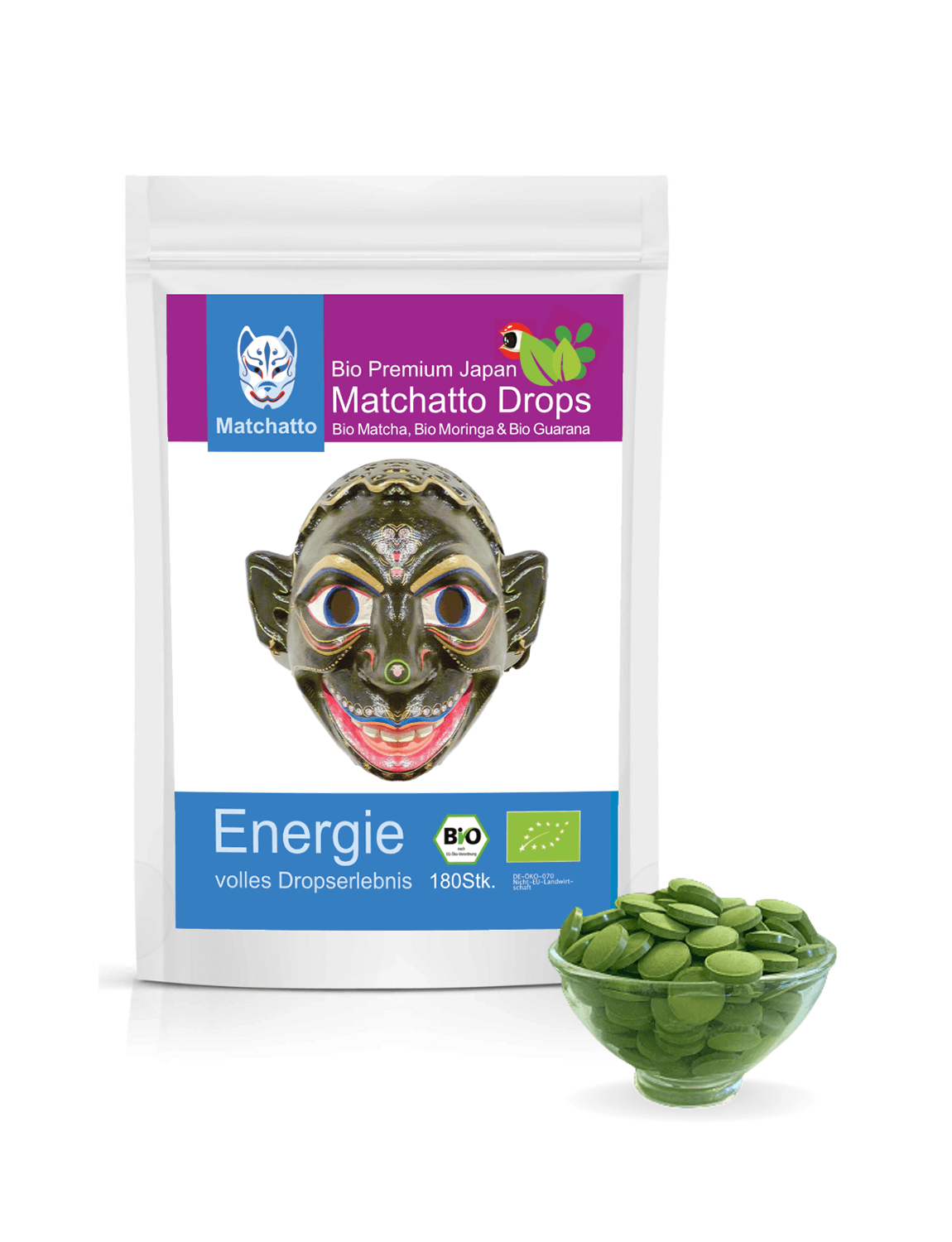 Matchatto Drops mit Bio Guarana, Bio Matcha und Bio Moringa – natürliche Energie in 180 grünen Presslingen, Packung mit bunter Maske vorne.