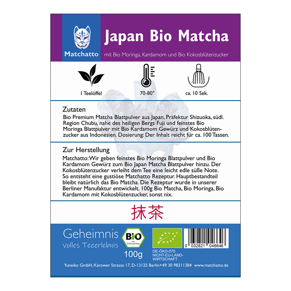Rückseite einer Matchatto-Packung für Japan Bio Matcha mit Bio Moringa, Kardamom und Bio Kokosblütenzucker  – mit Zubereitungsanleitung, Zutatenliste und Bio-Siegel.