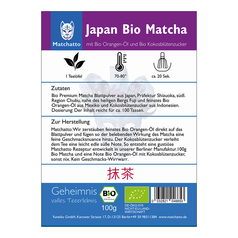 Rückseite einer Matchatto-Packung für Japan Bio Matcha mit Bio Orangen-Öl und Bio Kokosblütenzucker  – mit Zubereitungsanleitung, Zutatenliste und Bio-Siegel.