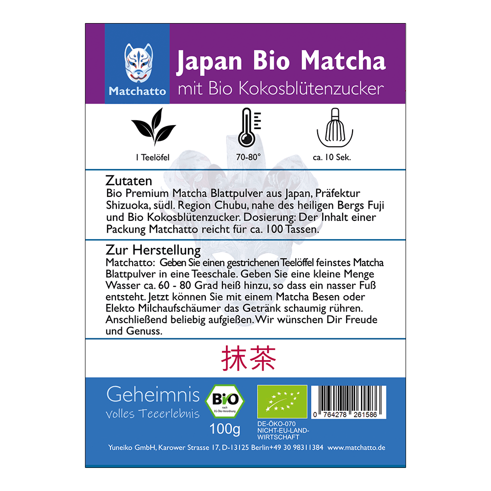 Rückseite einer Matchatto-Packung für Japan Bio Matcha mit Bio Kokosblütenzucker  – mit Zubereitungsanleitung, Zutatenliste und Bio-Siegel.