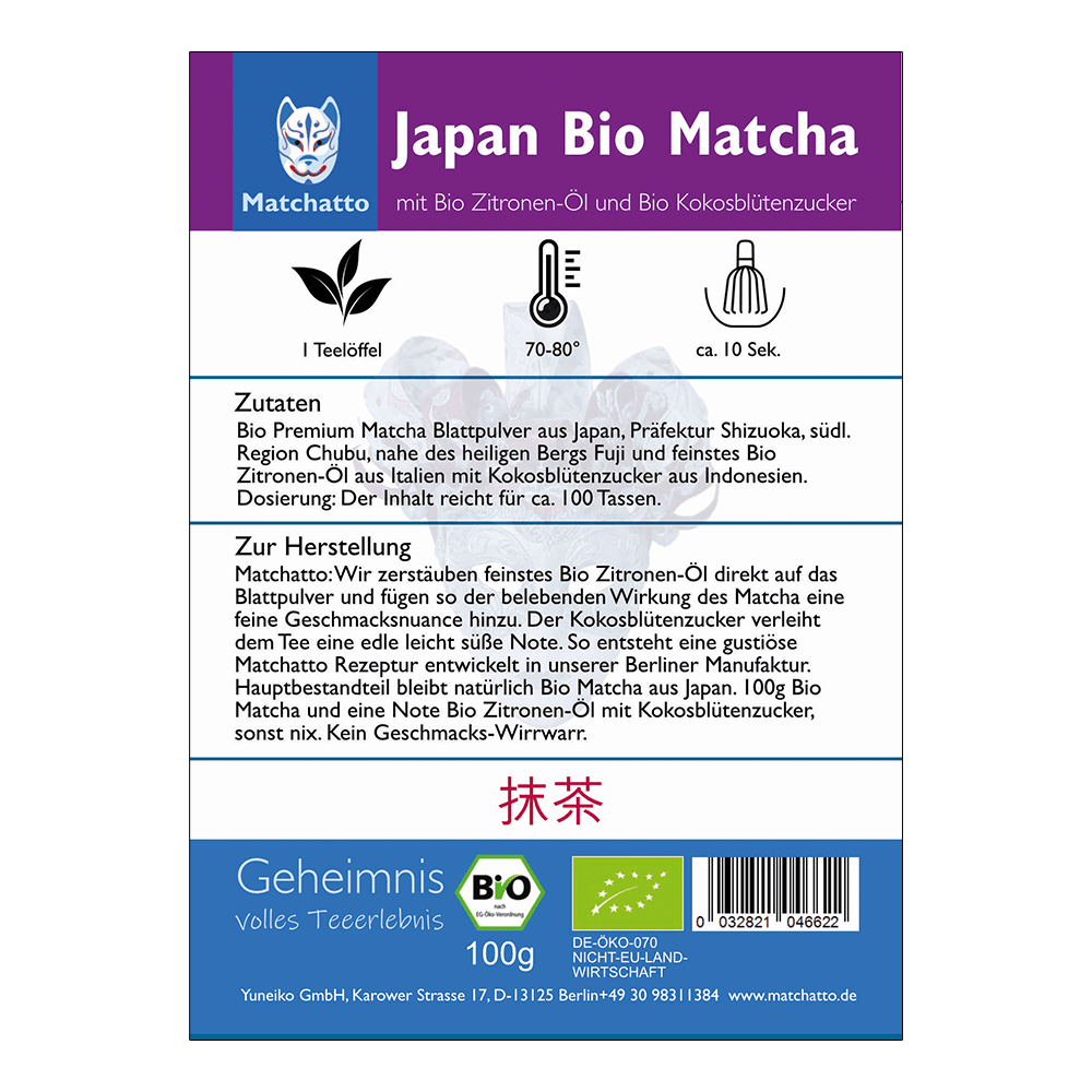 Rückseite einer Matchatto-Packung für Bio Matcha aus Japan – mit Zubereitungsanleitung, Zutatenliste und Bio-Siegel.